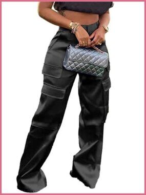 Satin Cargo Pants High Waisted Wide Leg Straight Trousers